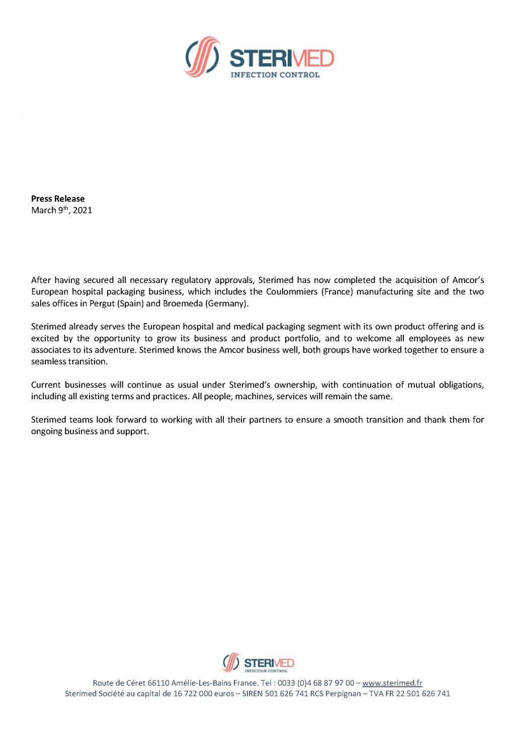 Sterimed has now completed the acquisition of Amcor’s European hospital packaging business